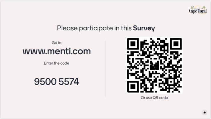 Please participate in this survey. Go to menti.com and enter the code 9500 5574, or scan the QR code